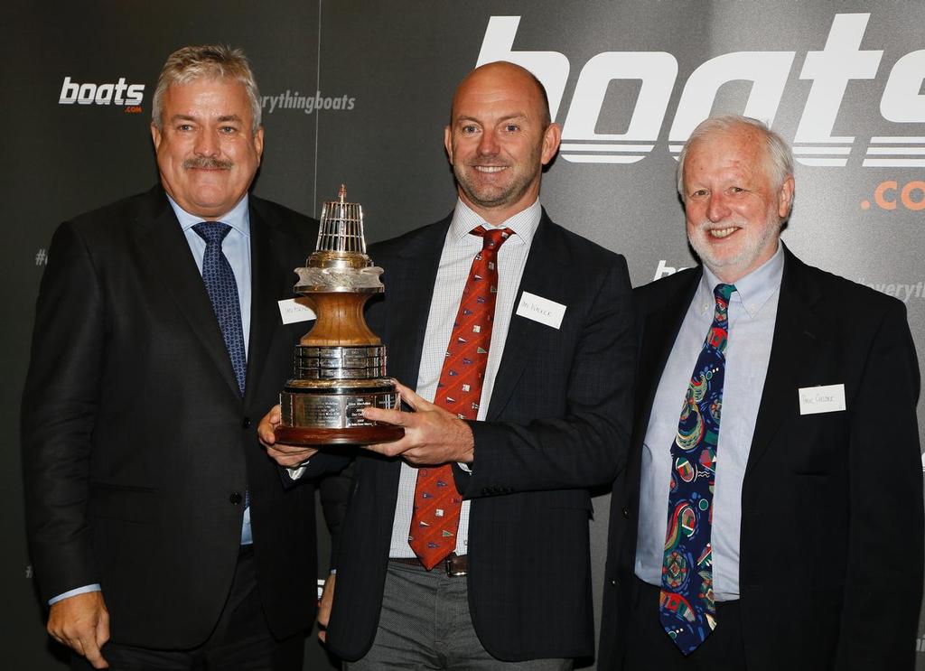 First British skipper to win the Volvo Ocean Race Ian Walker proudly displays the trophy, presented to him in January at Trinity House by Ian Atkins, left, and Paul Gelder, right, past chairman of the YJA © Patrick Roach